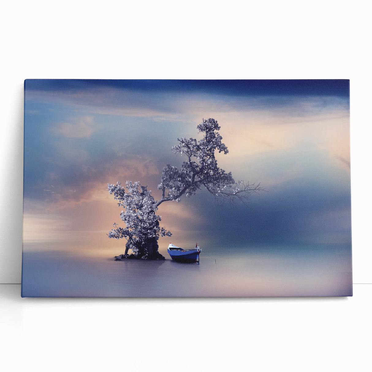 Contemporary Minimalist Nature Art – Tranquil Boat and Tree Scene