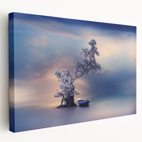Contemporary Minimalist Nature Art – Tranquil Boat and Tree Scene