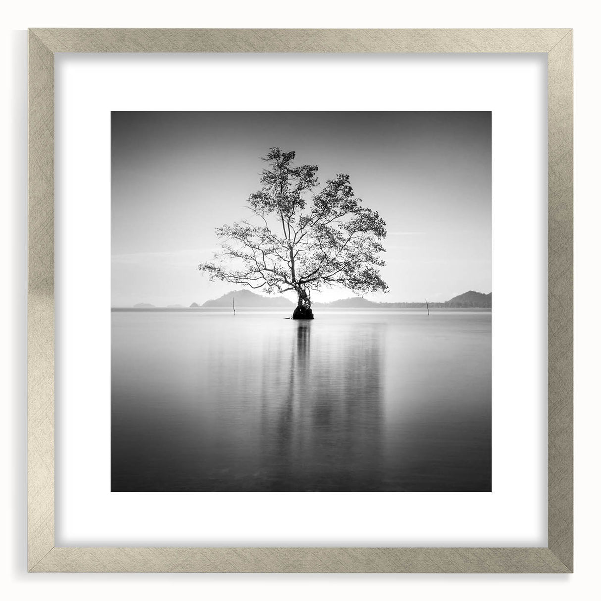 Minimalist Mountain Wall Art – Tree Reflections in Calm Waters