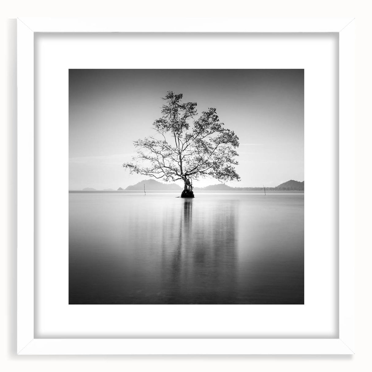 Minimalist Mountain Wall Art – Tree Reflections in Calm Waters