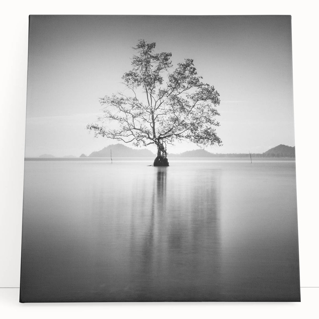 Minimalist Mountain Wall Art – Tree Reflections in Calm Waters