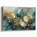 Contemporary Fluid Art Print – Teal & Gold Abstract Wall Decor