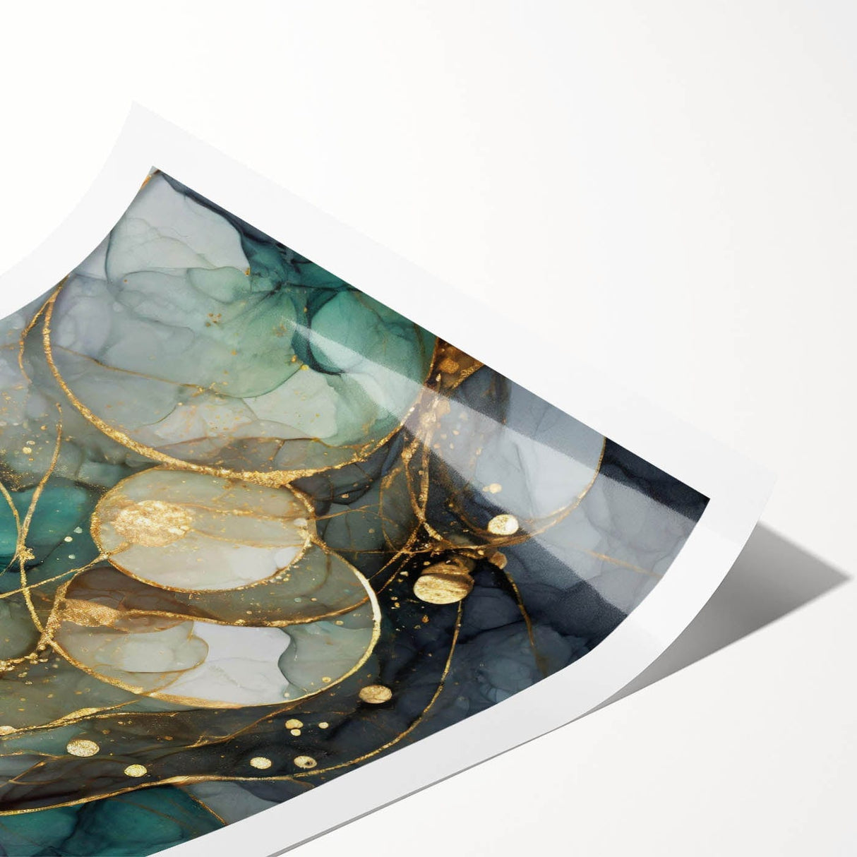 Contemporary Fluid Art Print – Teal & Gold Abstract Wall Decor