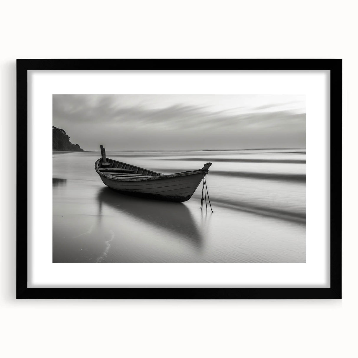 Solitary Boat on Silent Shores – Fine Art Black & White Photography