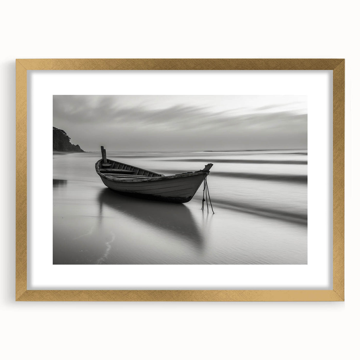 Solitary Boat on Silent Shores – Fine Art Black & White Photography