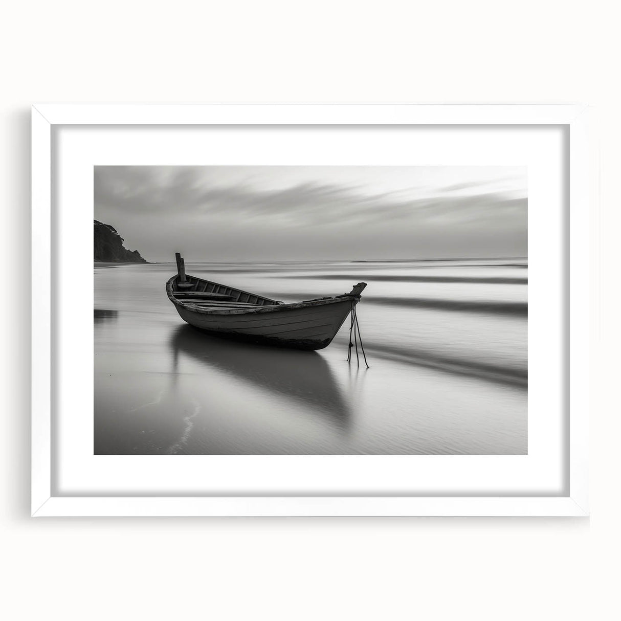 Solitary Boat on Silent Shores – Fine Art Black & White Photography
