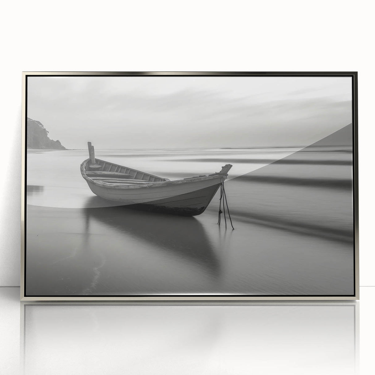 Solitary Boat on Silent Shores – Fine Art Black & White Photography