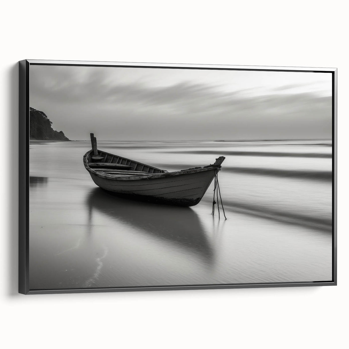 Solitary Boat on Silent Shores – Fine Art Black & White Photography