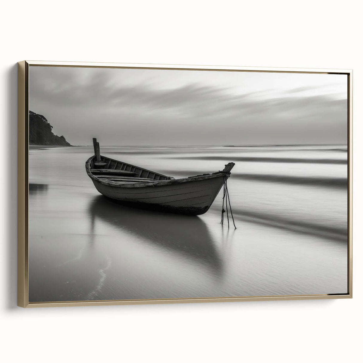 Solitary Boat on Silent Shores – Fine Art Black & White Photography