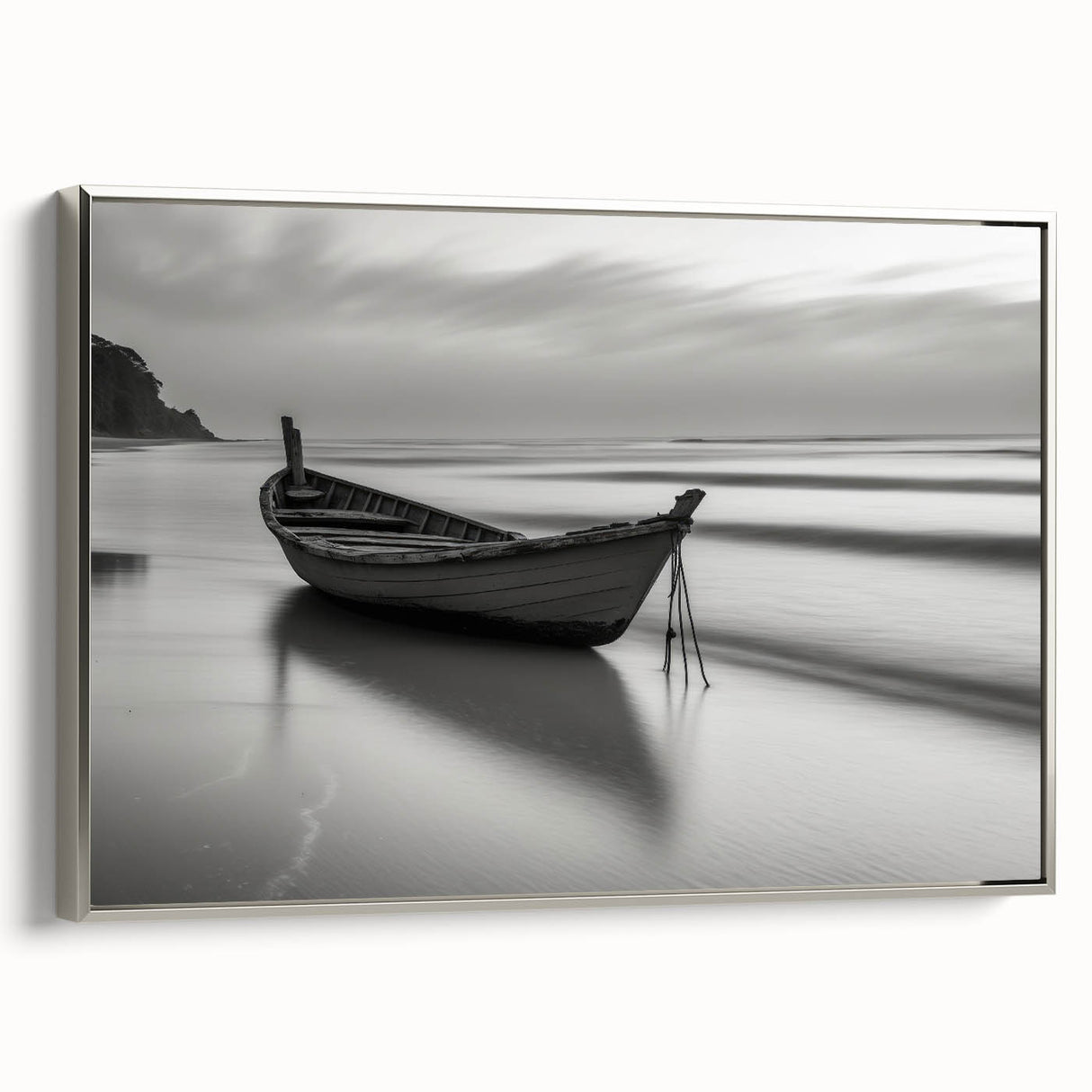 Solitary Boat on Silent Shores – Fine Art Black & White Photography