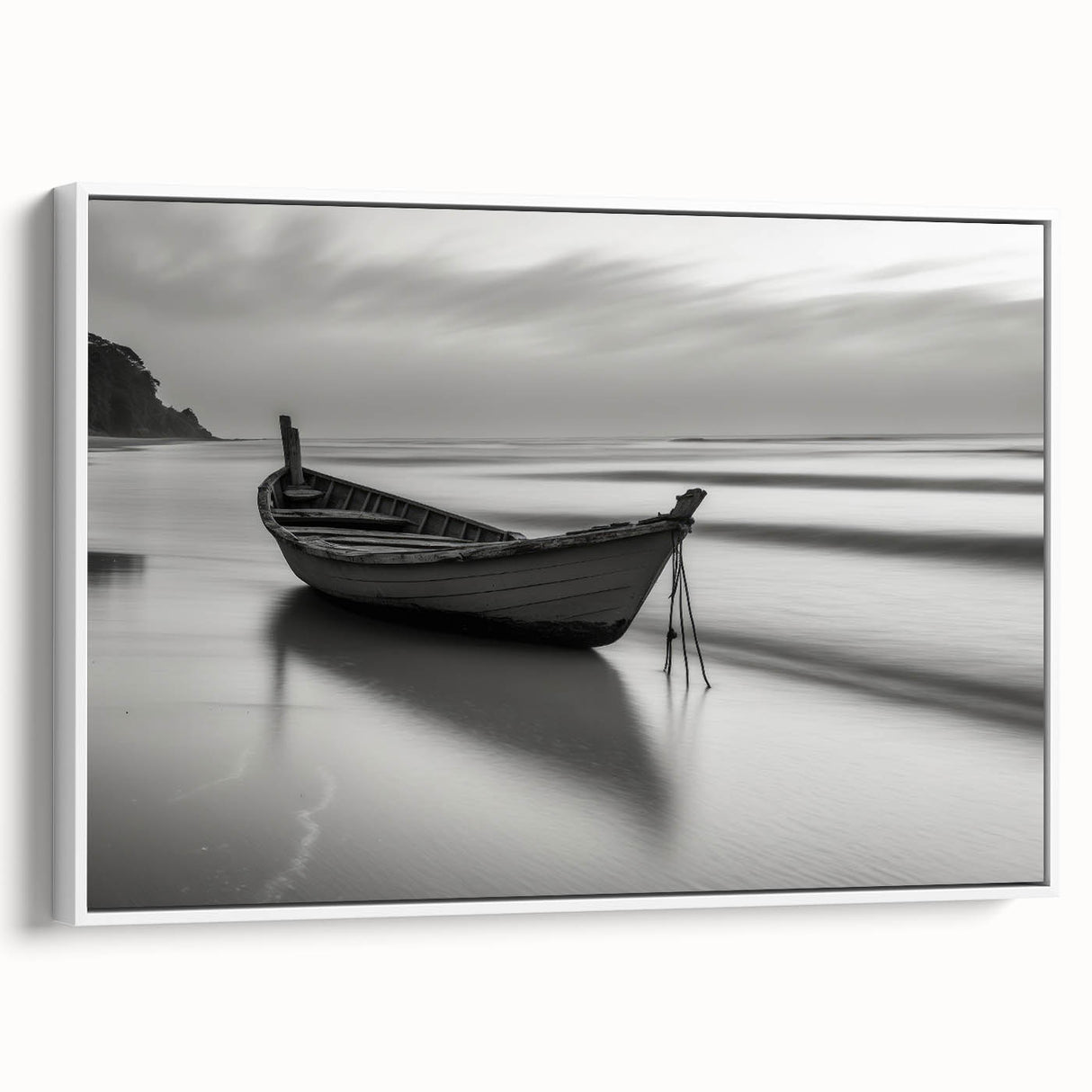 Solitary Boat on Silent Shores – Fine Art Black & White Photography