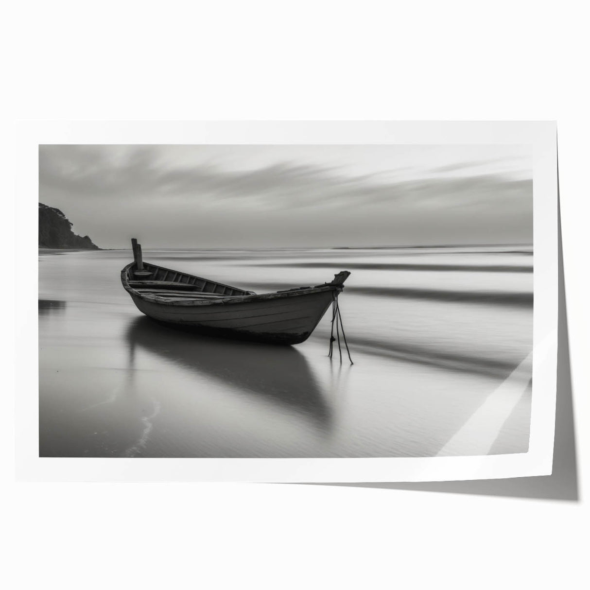 Solitary Boat on Silent Shores – Fine Art Black & White Photography