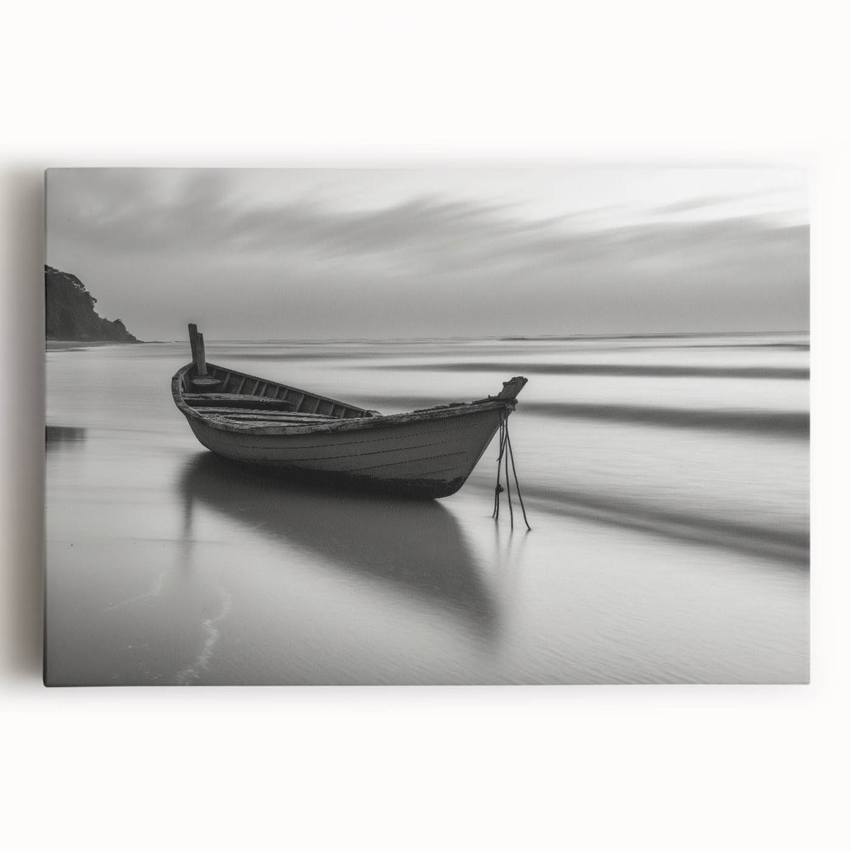 Solitary Boat on Silent Shores – Fine Art Black & White Photography