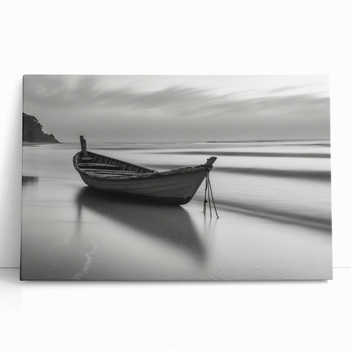 Solitary Boat on Silent Shores – Fine Art Black & White Photography