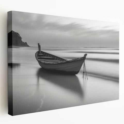 Solitary Boat on Silent Shores – Fine Art Black & White Photography