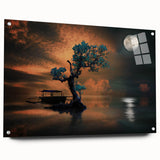 Minimalist Landscape Wall Art – Moonlit Tree and Boat Reflections