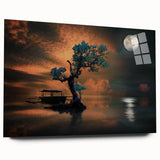 Minimalist Landscape Wall Art – Moonlit Tree and Boat Reflections