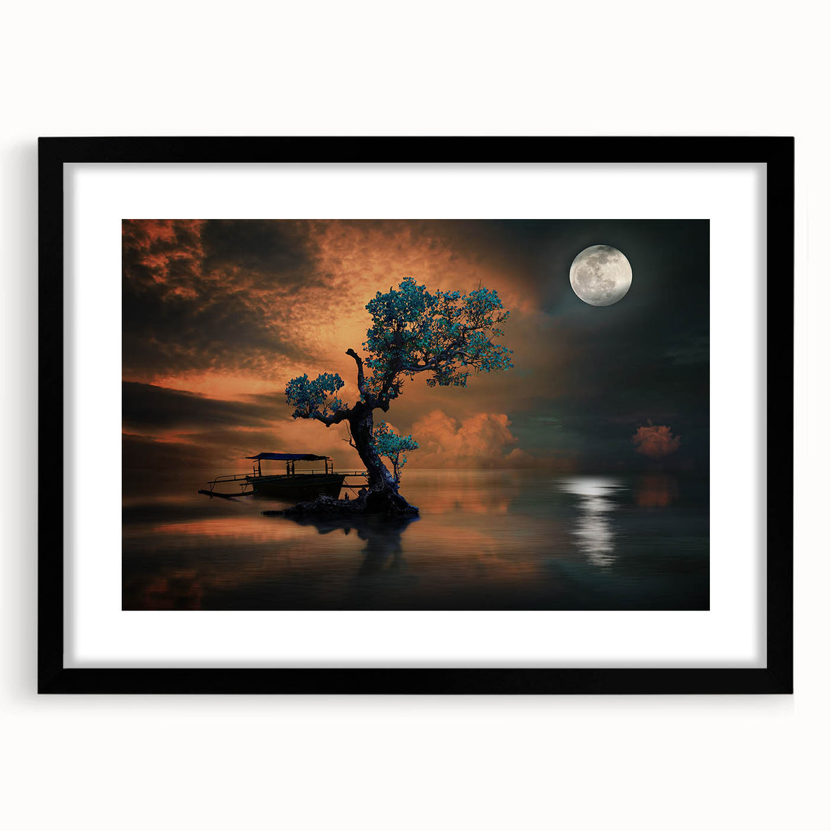 Minimalist Landscape Wall Art – Moonlit Tree and Boat Reflections