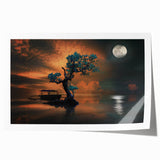 Minimalist Landscape Wall Art – Moonlit Tree and Boat Reflections