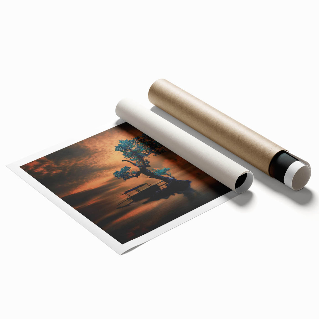 Minimalist Landscape Wall Art – Moonlit Tree and Boat Reflections