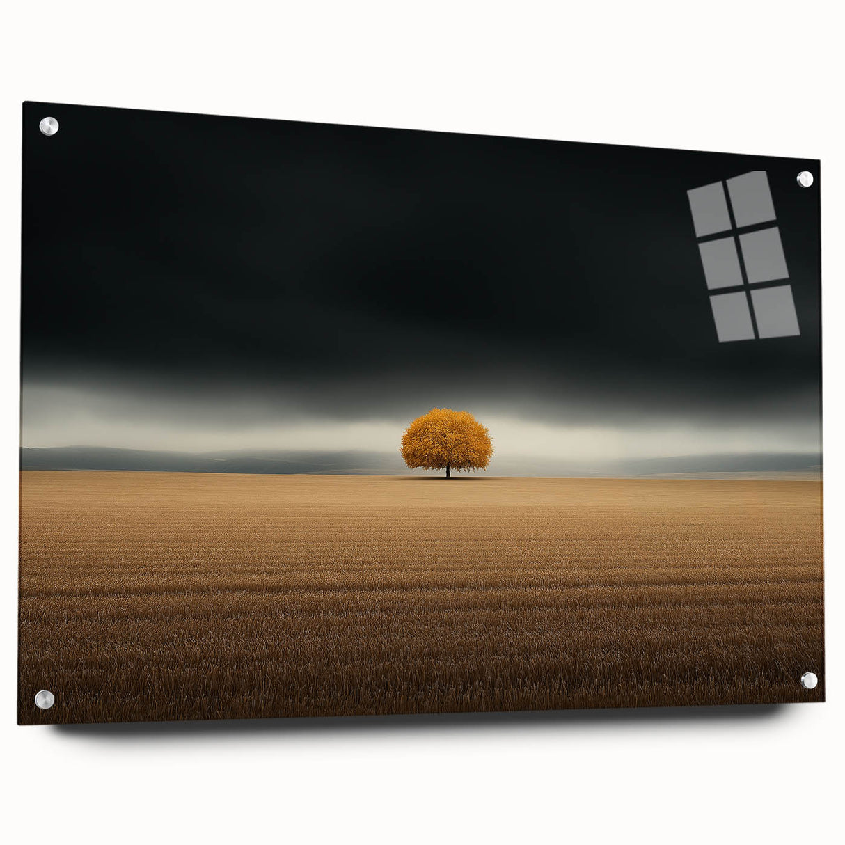 Abstract Minimalist Landscape – Lone Golden Tree in Storm Print
