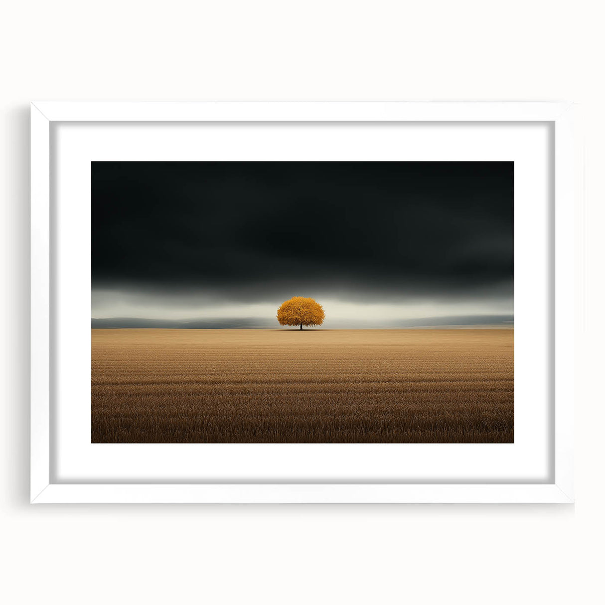 Abstract Minimalist Landscape – Lone Golden Tree in Storm Print