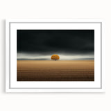 Abstract Minimalist Landscape – Lone Golden Tree in Storm Print