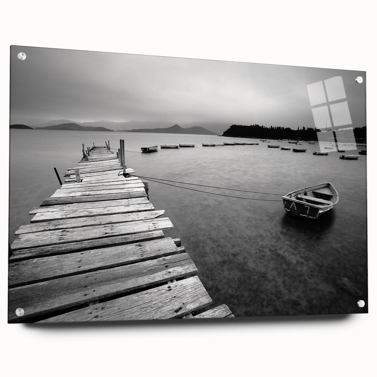 Black and White Serene Landscape Wall Art – Wooden Dock Scene