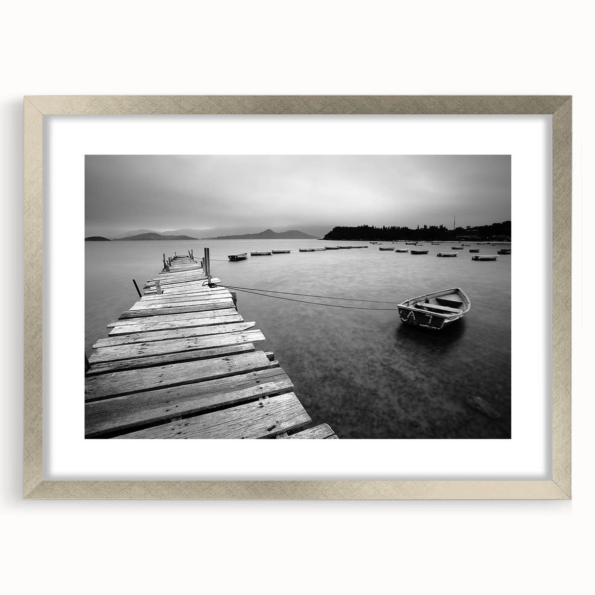 Black and White Serene Landscape Wall Art – Wooden Dock Scene