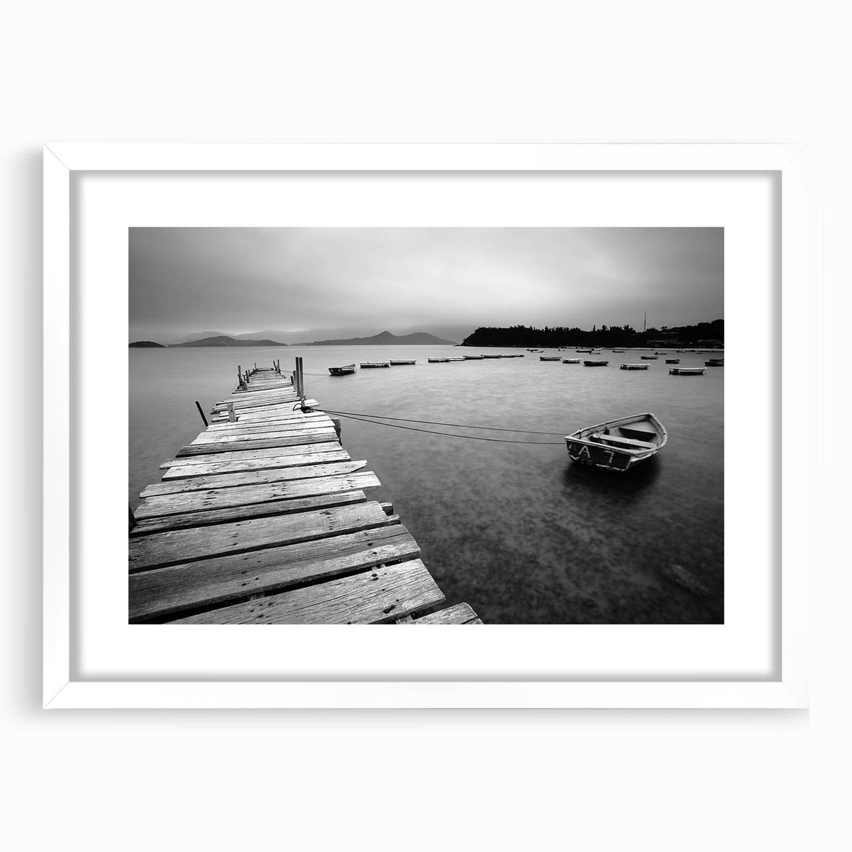 Black and White Serene Landscape Wall Art – Wooden Dock Scene