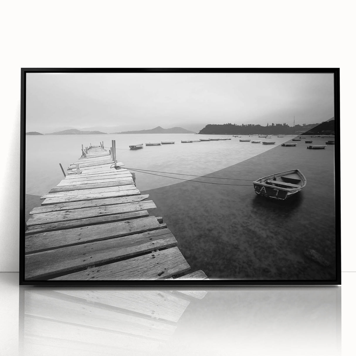 Black and White Serene Landscape Wall Art – Wooden Dock Scene
