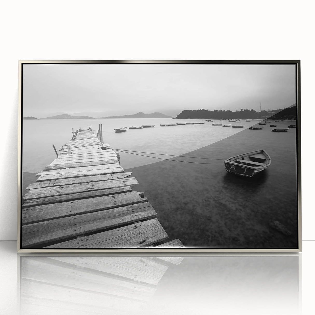 Black and White Serene Landscape Wall Art – Wooden Dock Scene
