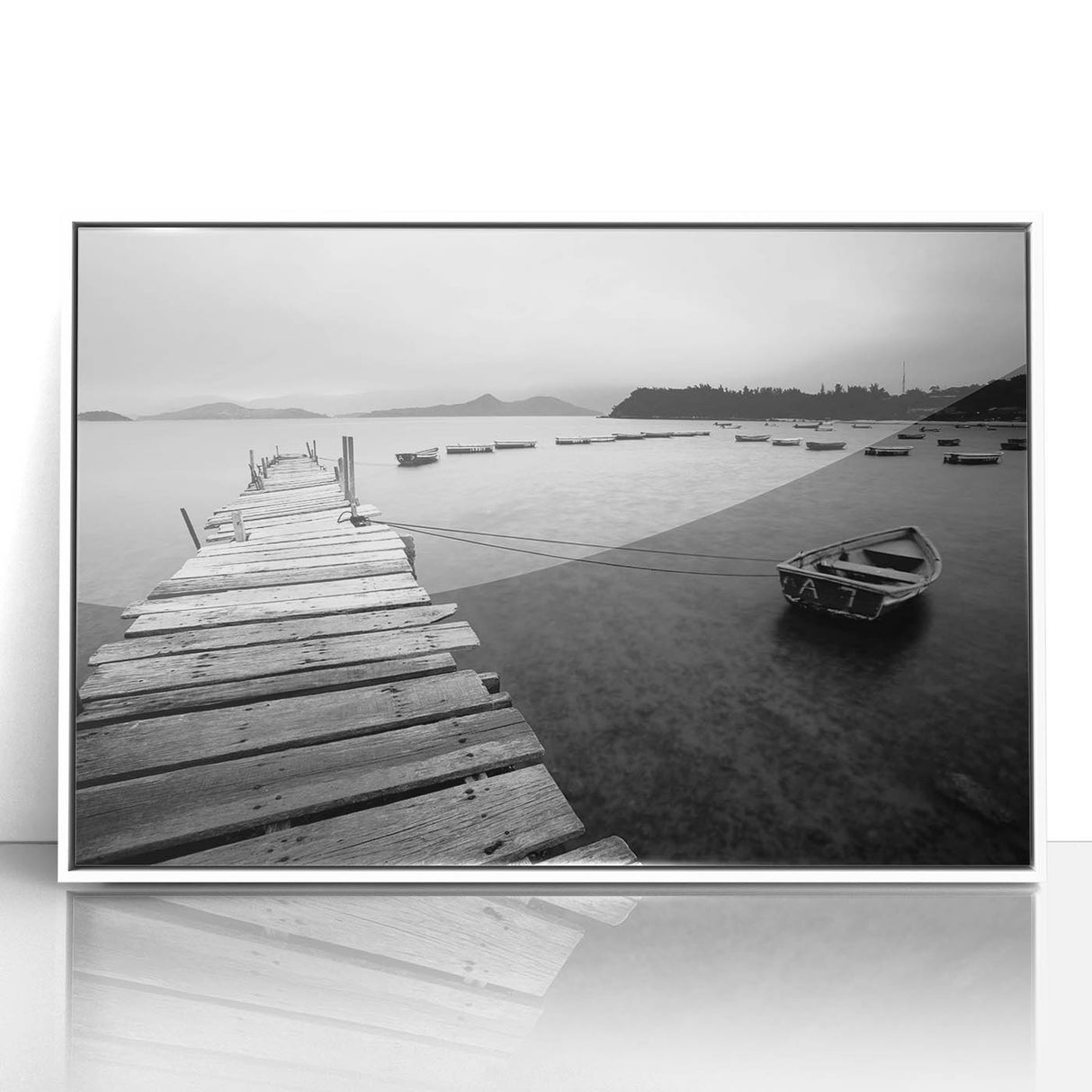 Black and White Serene Landscape Wall Art – Wooden Dock Scene