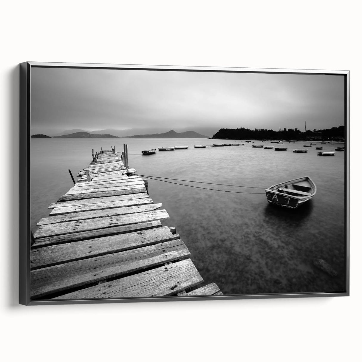 Black and White Serene Landscape Wall Art – Wooden Dock Scene
