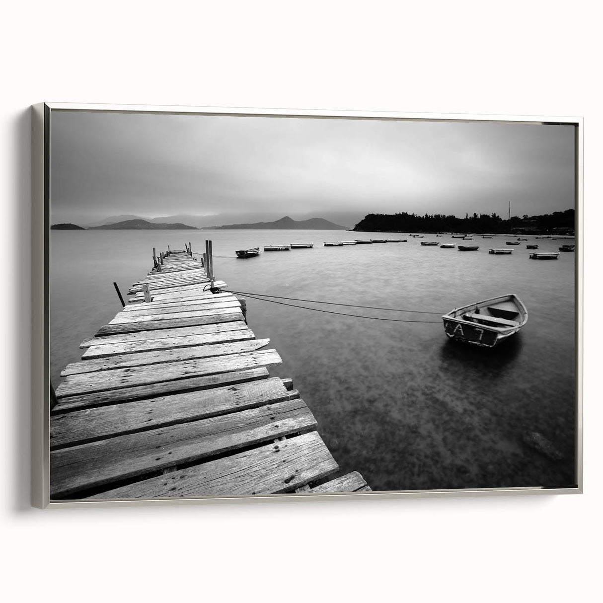 Black and White Serene Landscape Wall Art – Wooden Dock Scene