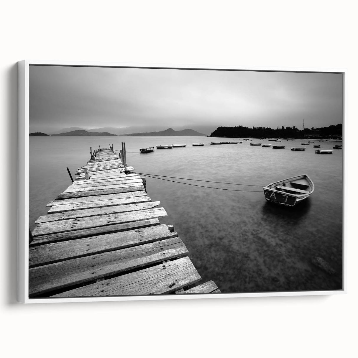 Black and White Serene Landscape Wall Art – Wooden Dock Scene