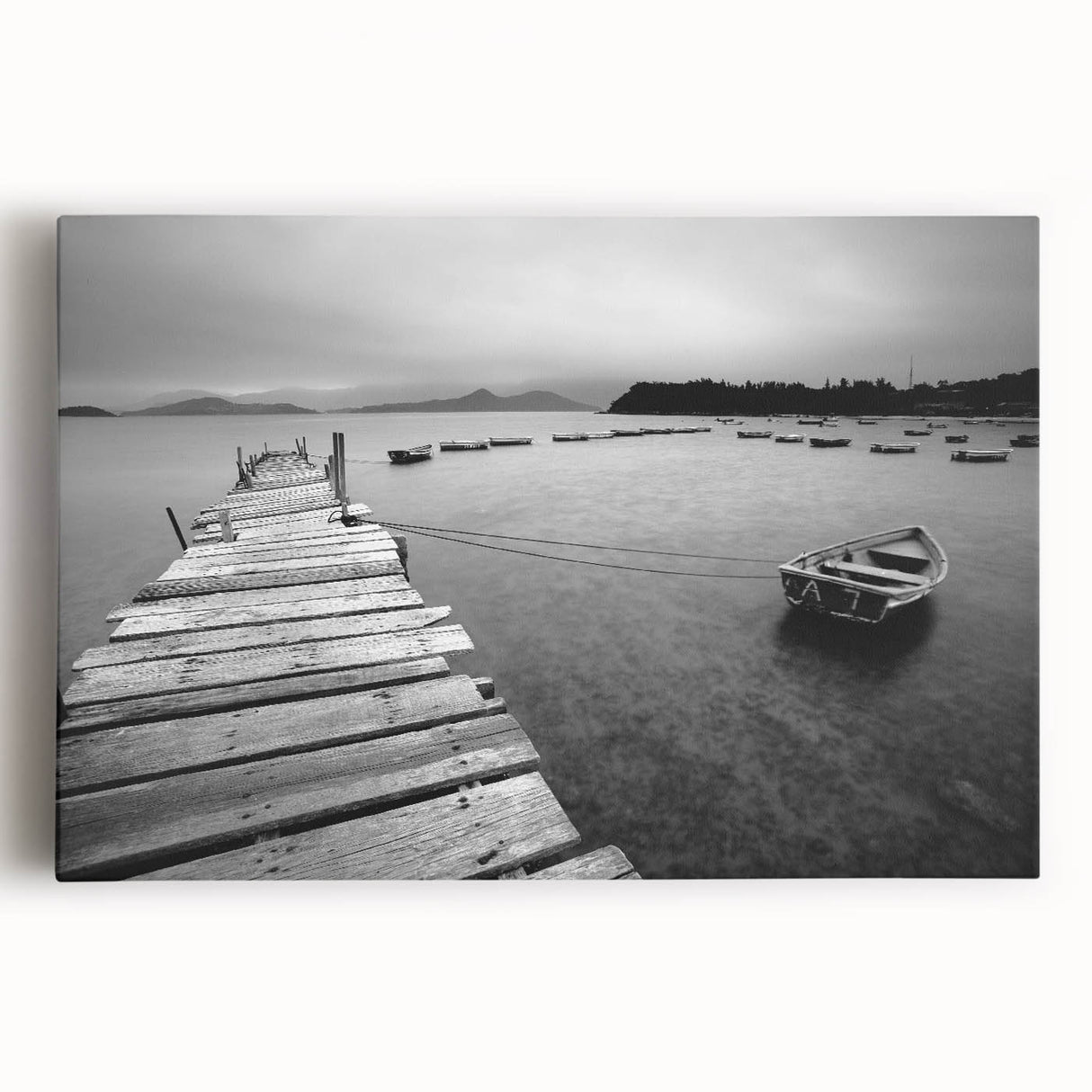 Black and White Serene Landscape Wall Art – Wooden Dock Scene