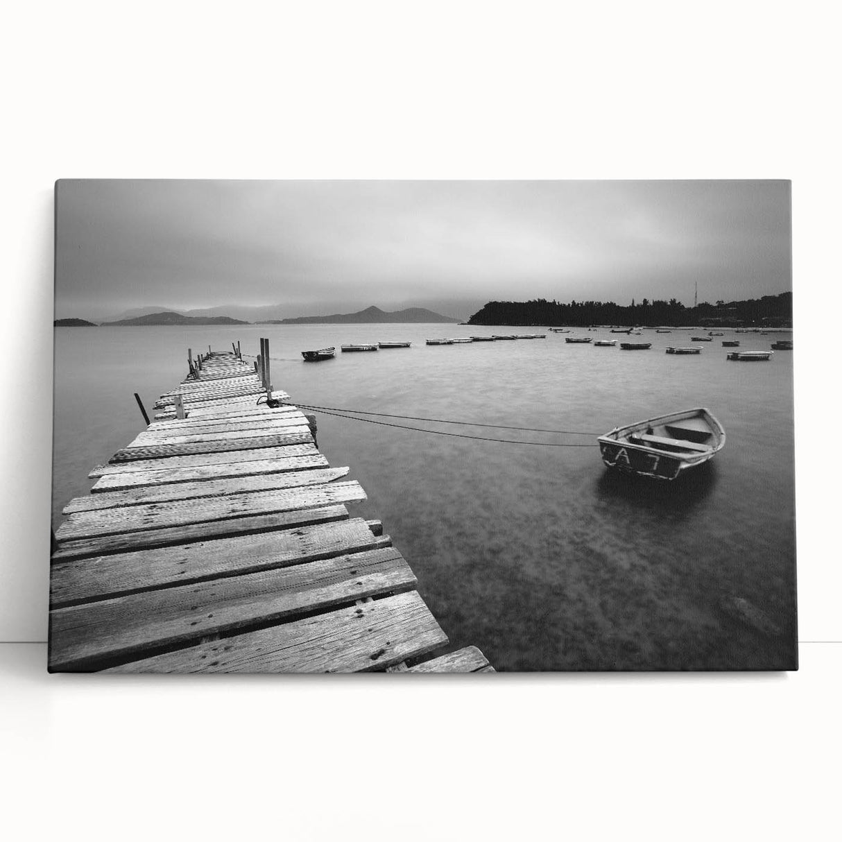 Black and White Serene Landscape Wall Art – Wooden Dock Scene