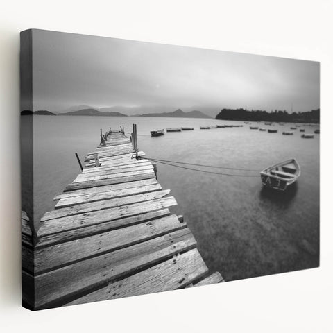 Black and White Serene Landscape Wall Art – Wooden Dock Scene