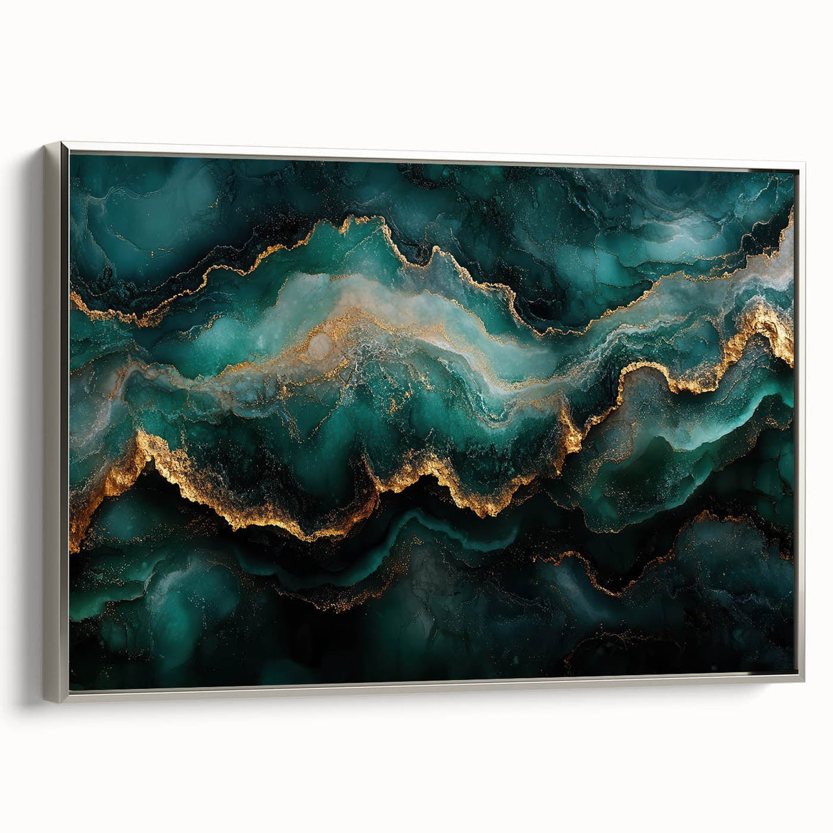 Emerald Green & Gold Fluid Canvas Art – Luxury Abstract Decor