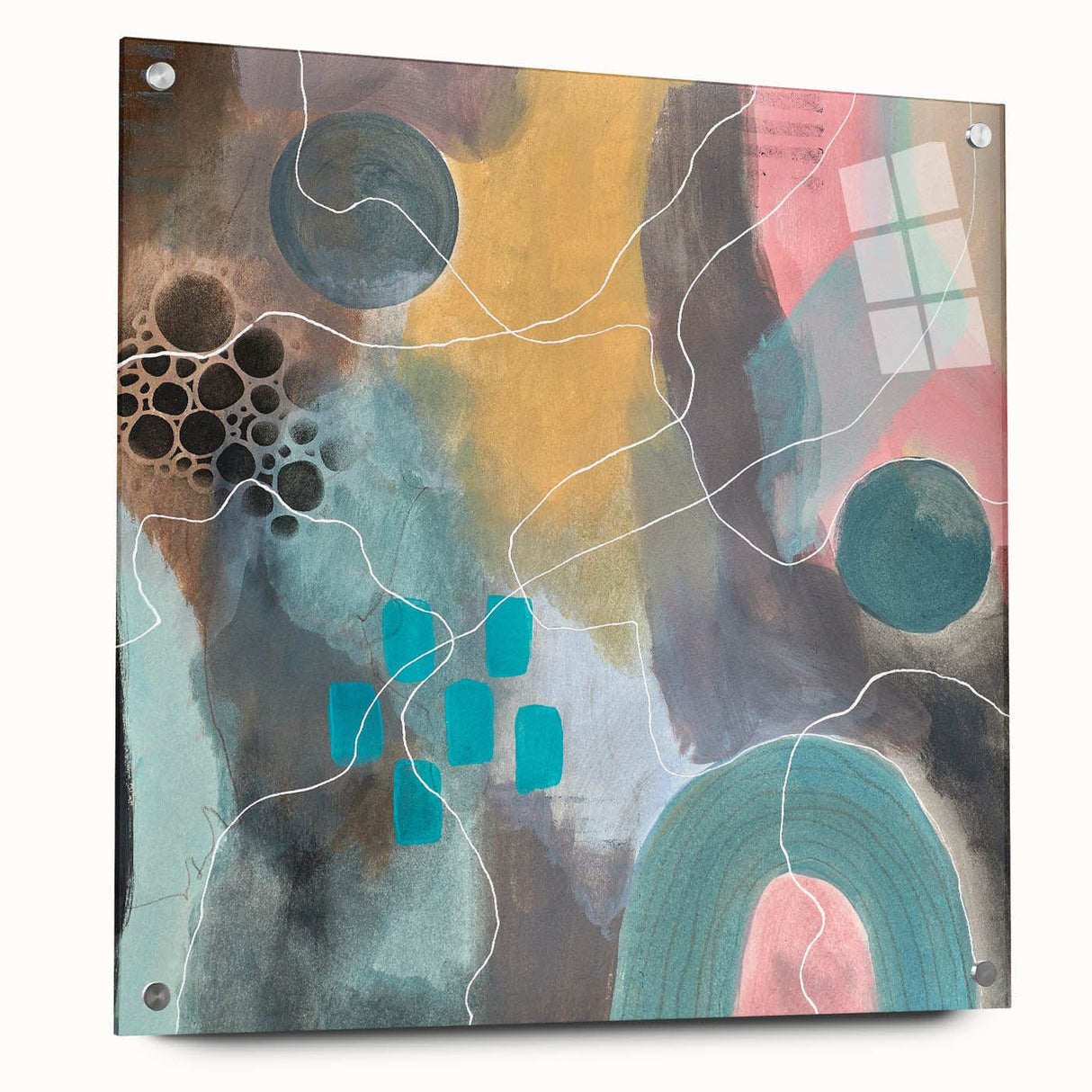 Modern Abstract Painting – Elegant Canvas in Teal, Gold & Soft Pink
