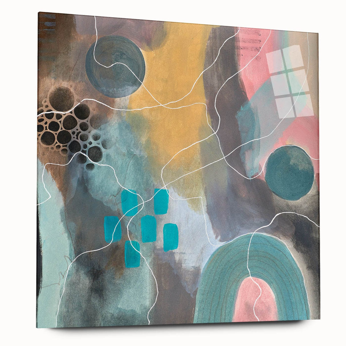 Modern Abstract Painting – Elegant Canvas in Teal, Gold & Soft Pink