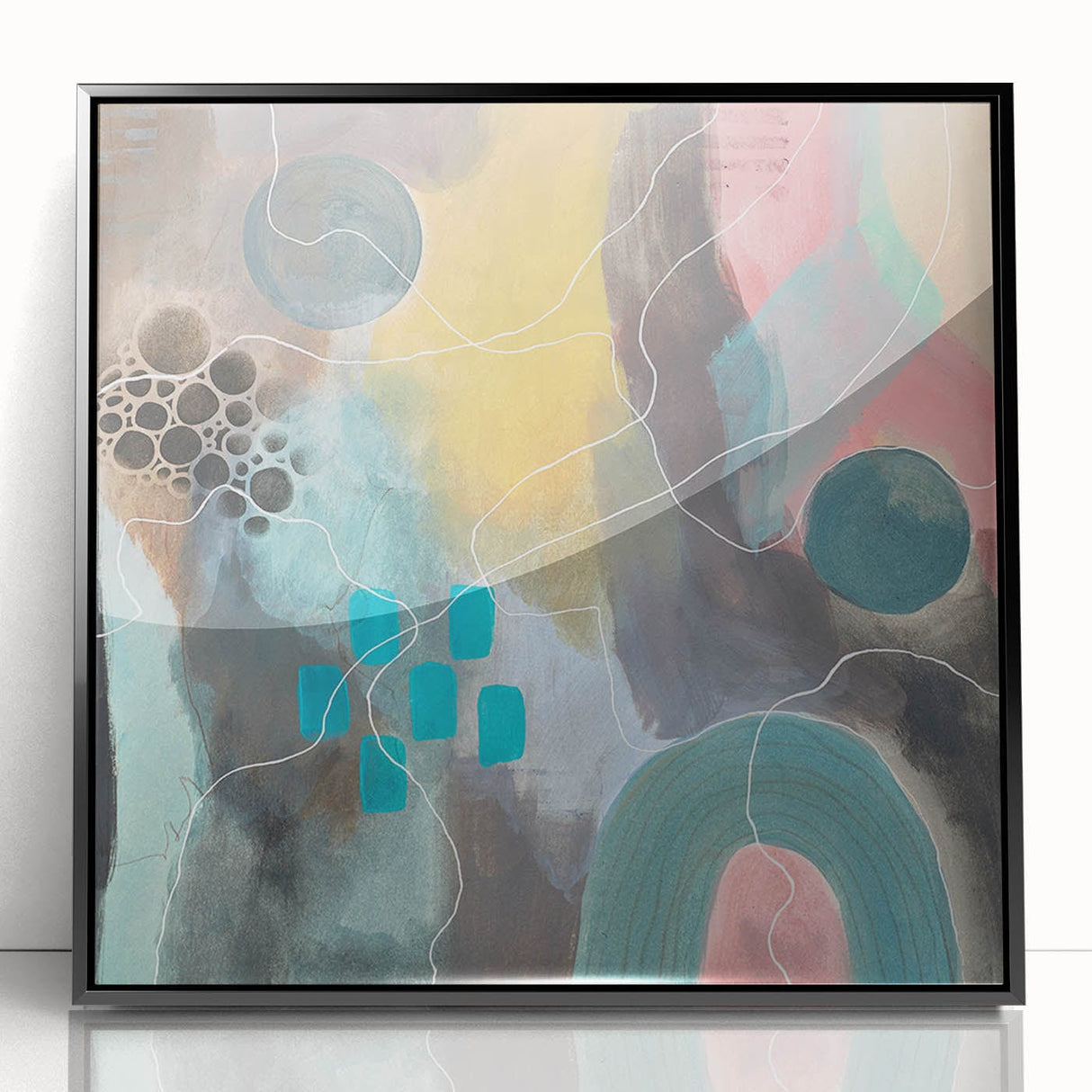 Modern Abstract Painting – Elegant Canvas in Teal, Gold & Soft Pink