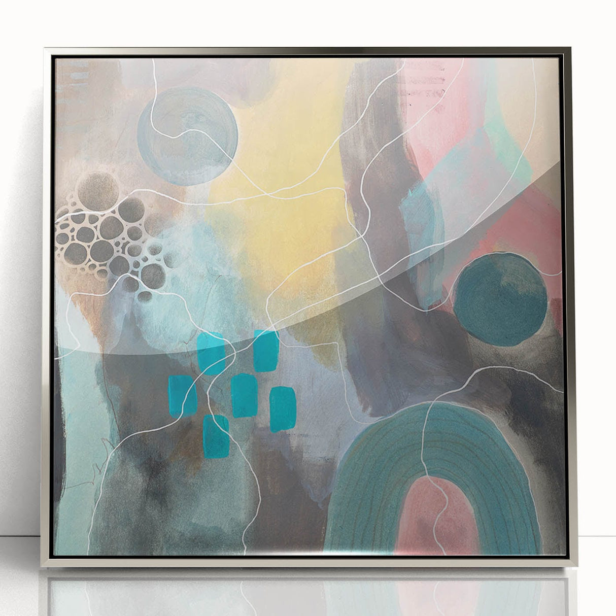 Modern Abstract Painting – Elegant Canvas in Teal, Gold & Soft Pink