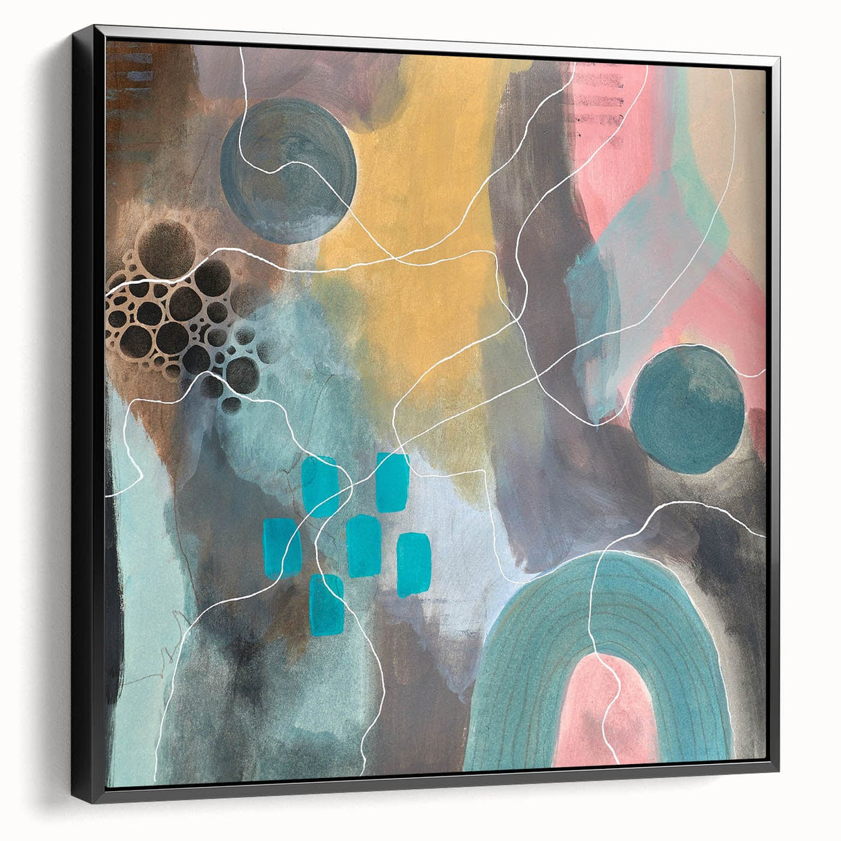 Modern Abstract Painting – Elegant Canvas in Teal, Gold & Soft Pink