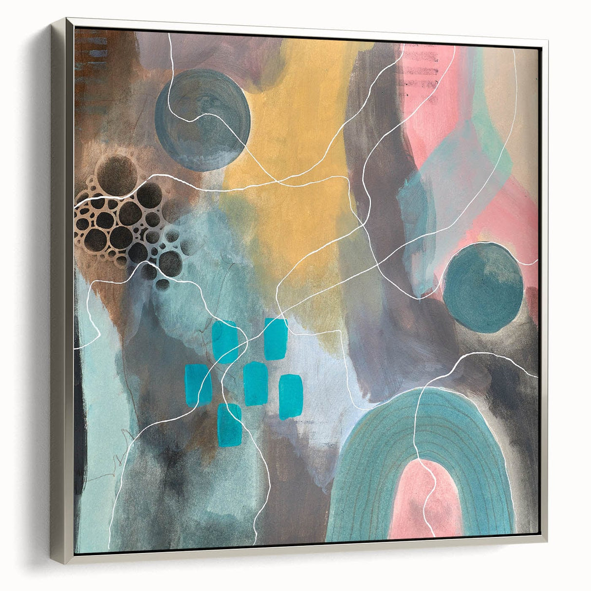 Modern Abstract Painting – Elegant Canvas in Teal, Gold & Soft Pink