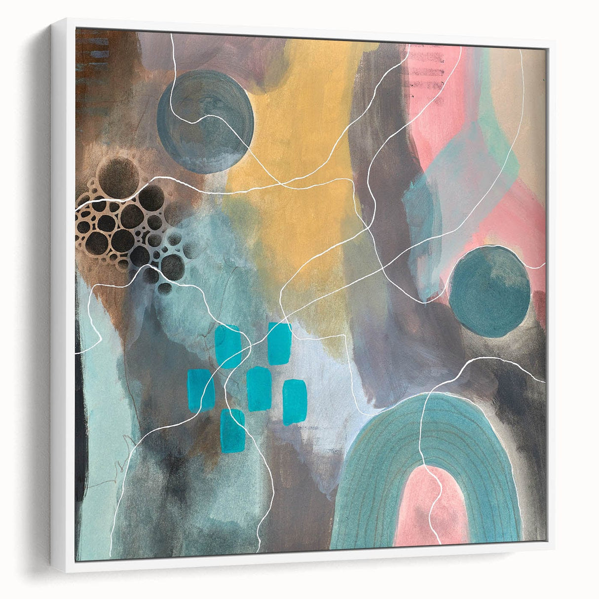 Modern Abstract Painting – Elegant Canvas in Teal, Gold & Soft Pink