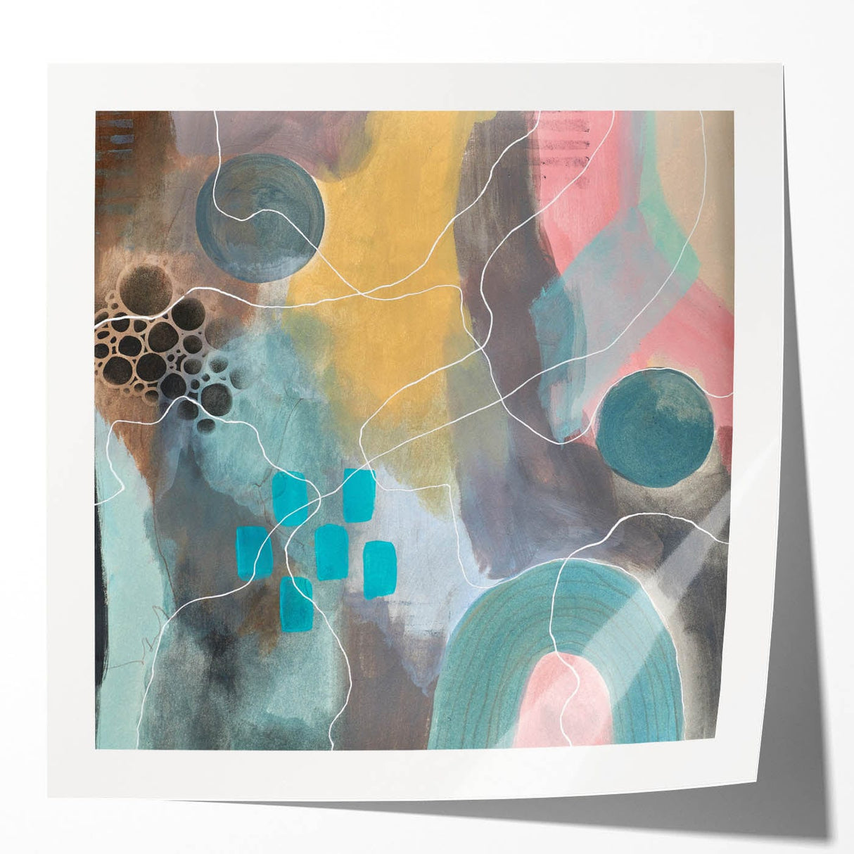 Modern Abstract Painting – Elegant Canvas in Teal, Gold & Soft Pink