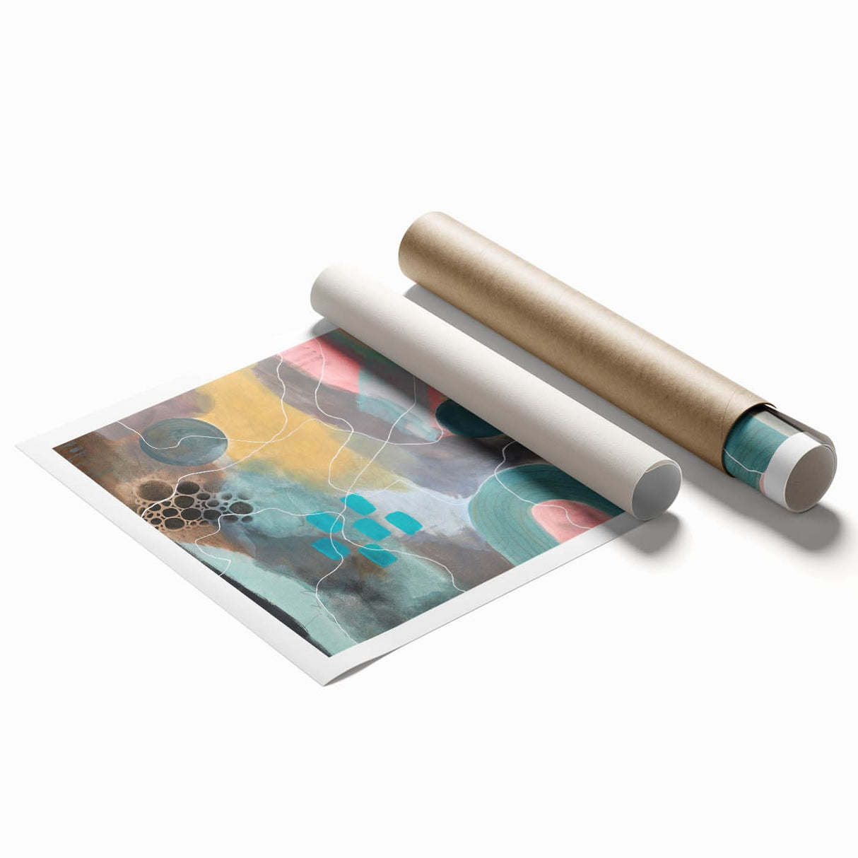 Modern Abstract Painting – Elegant Canvas in Teal, Gold & Soft Pink