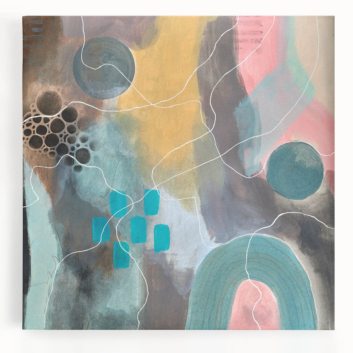 Modern Abstract Painting – Elegant Canvas in Teal, Gold & Soft Pink